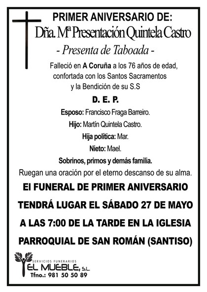 Primer aniversario de Dña. Mª Presentación Quintela Castro.