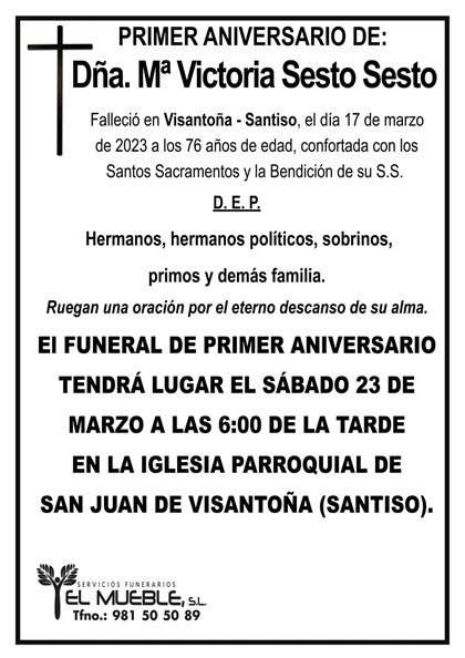 Primer aniversario de Dña. Mª Victoria Sesto Sesto.