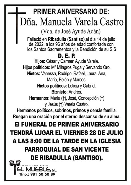 PRIMER ANIVERSARIO DE DÑA. MANUELA VARELA CASTRO.