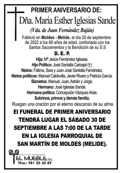 Primer aniversario de Dña. María Esther Iglesias Sande.
