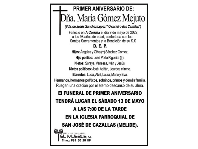 Primer aniversario de Dña. María Gómez Mejuto.