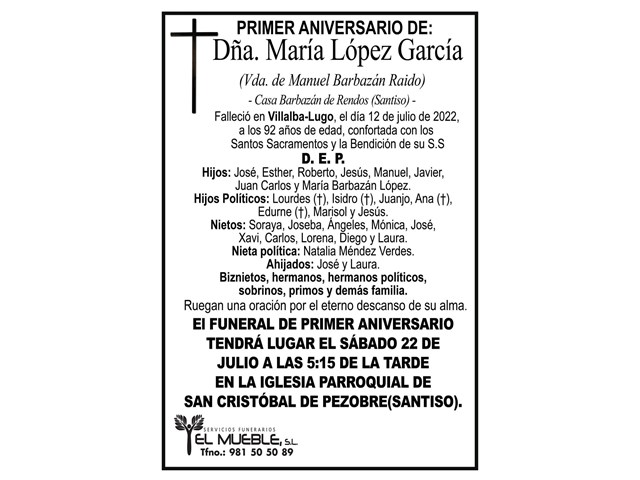 Primer aniversario de Dña. María López García.