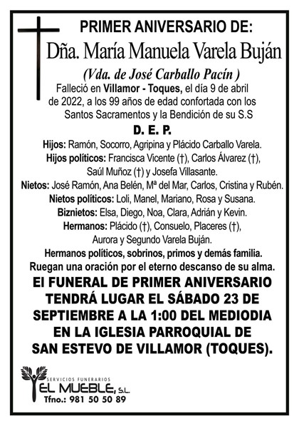Primer aniversario de Dña. María Manuela Varela Buján.