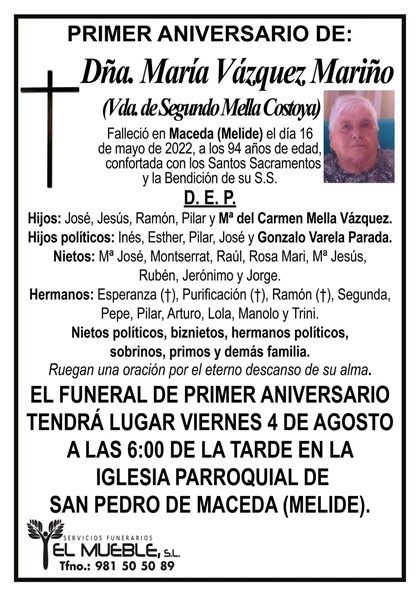 Primer aniversario de Dña. María Vázquez Mariño.