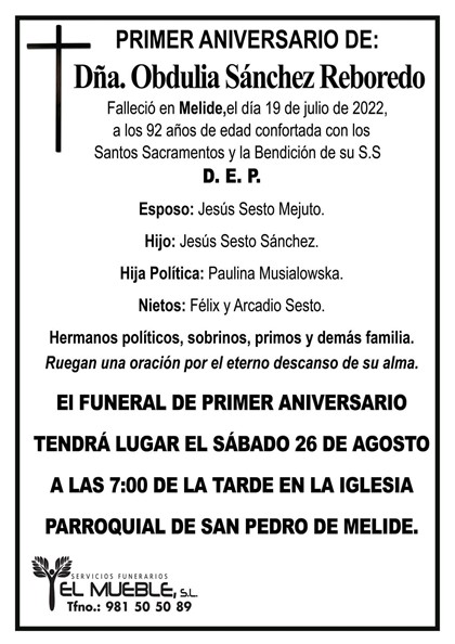 Primer aniversario de Dña. Obdulia Sánchez Reboredo.