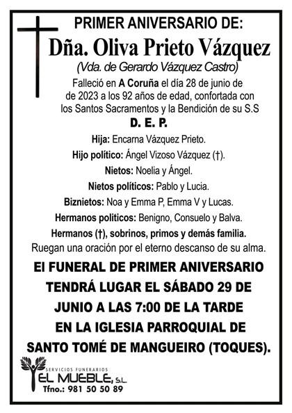 PRIMER ANIVERSARIO DE DÑA. OLIVA PRIETO VÁZQUEZ