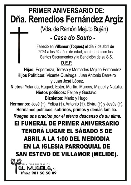 Primer aniversario de Dña. Remedios Fernández Argiz.