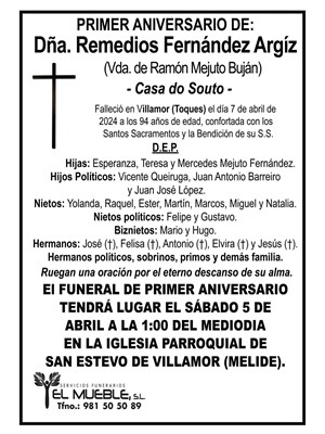 Primer aniversario de Dña. Remedios Fernández Argiz.