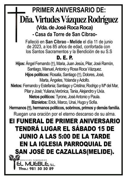 Primer aniversario de Dña. Virtudes Vázquez Rodríguez.