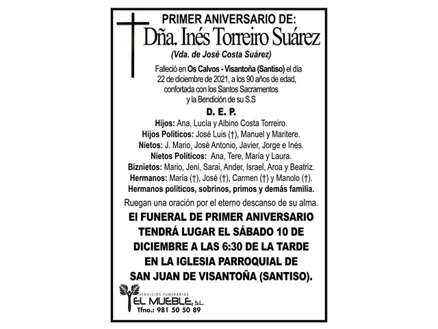PRIMER ANIVERSARIO DÑA. INÉS TORREIRO SUÁREZ.