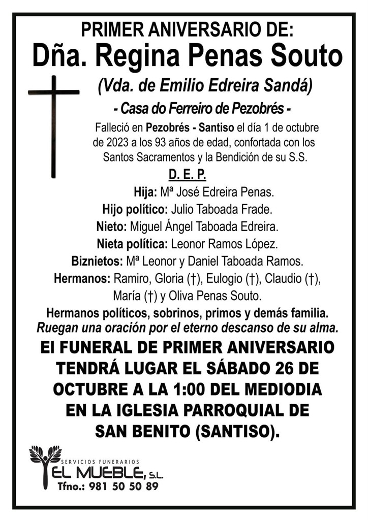 Primer anivversario de Dña. Regina Penas Souto.